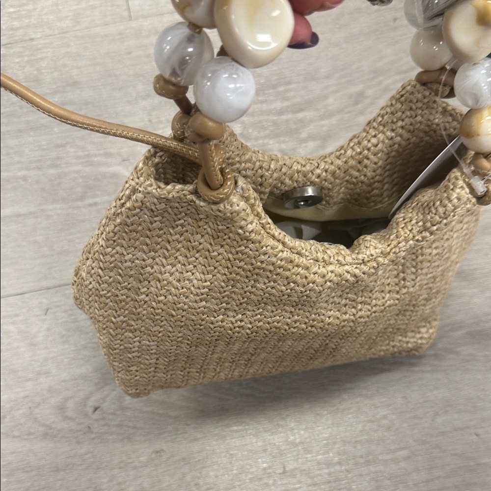 Elegant Tan Woven Bag with Beaded Handle - Picture 4 of 4
